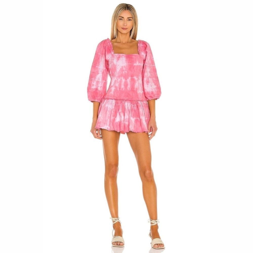 LoveShackFancy Chai Pink Tie Dyed Square Neck Puff Sleeve Mini Dress